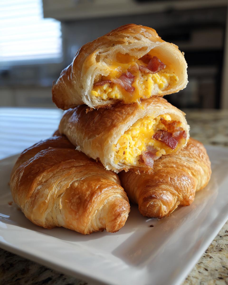 Close-up of flaky bacon egg & cheese crescent rolls stacked, showing melted cheese and scrambled eggs inside.