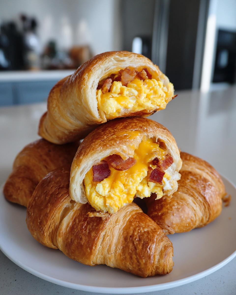 A stack of flaky croissants filled with scrambled eggs, melted cheese, and bacon, showcasing the bacon egg & cheese crescent rolls.