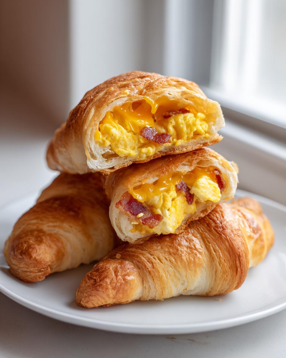 A stack of golden brown bacon egg & cheese crescent rolls, with the top one cut open showing scrambled eggs, bacon, and melted cheddar cheese.
