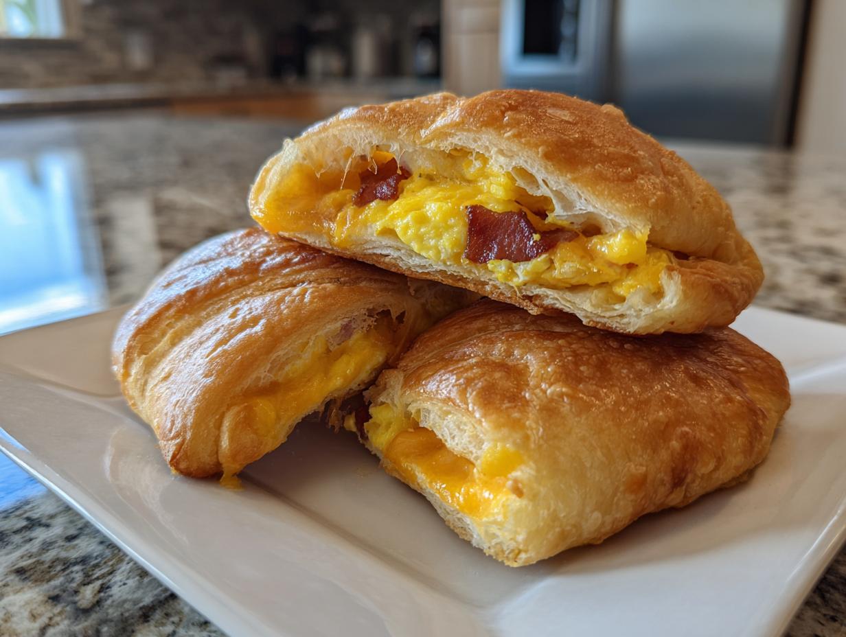 Three golden baked bacon egg & cheese crescent rolls stacked on a white plate, one cut open showing scrambled eggs and bacon.