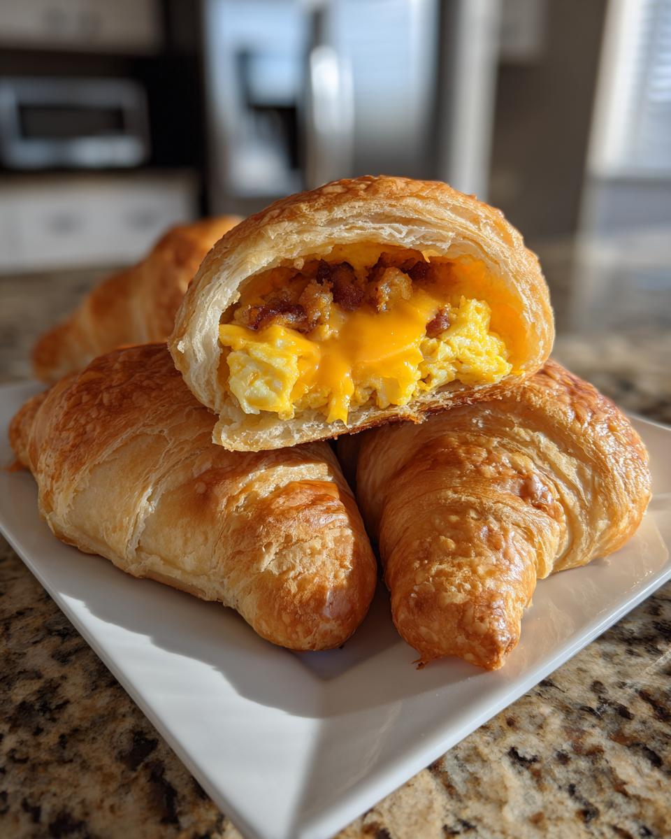 Close-up of flaky bacon egg & cheese crescent rolls, one cut open showing scrambled eggs, bacon, and melted cheese.