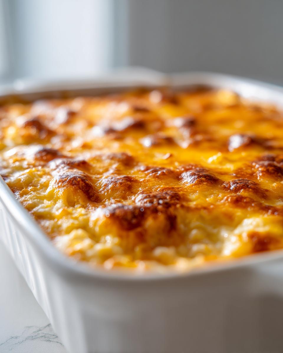 Close-up of a bubbly, baked corn dip in a white casserole dish with a golden brown, cheesy crust.