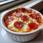 Close-up of a baked cottage cheese pizza bowl topped with melted cheese, pepperoni slices, and black pepper.