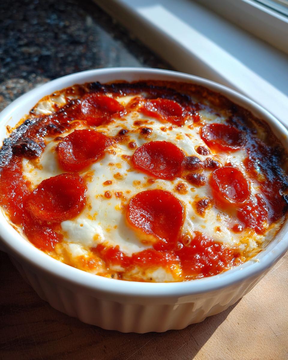 Close-up of a baked cottage cheese pizza bowl topped with melted cheese, tomato sauce, and pepperoni slices.