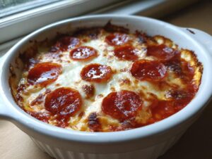 Close-up of a baked cottage cheese pizza bowl topped with melted cheese and pepperoni slices.