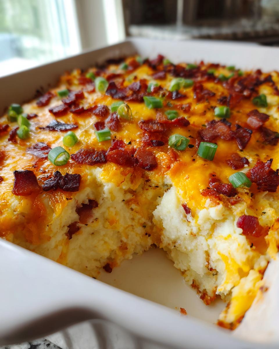 A close-up of a baked mashed potato casserole topped with melted cheddar cheese, crispy bacon bits, and green onions.