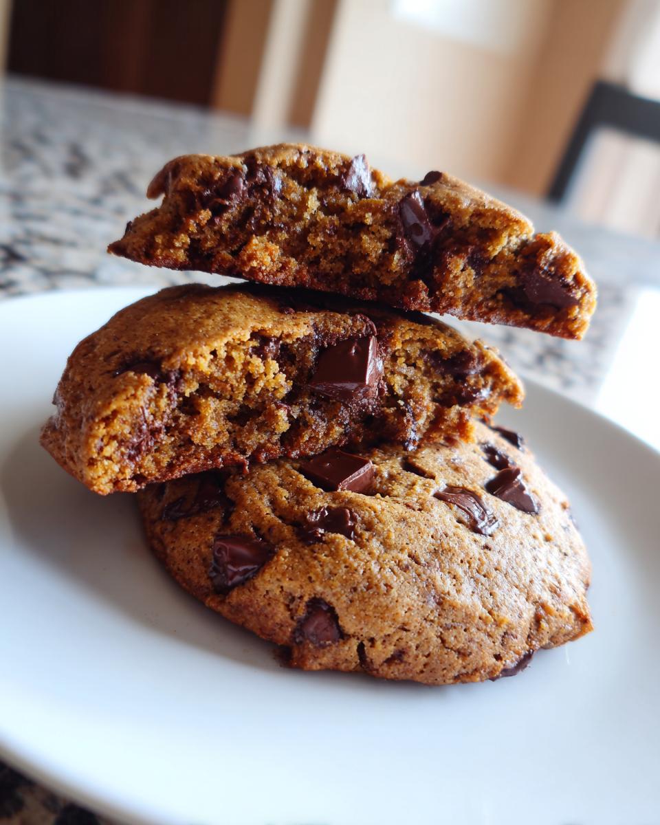 Close-up of soft banana bread chocolate chip cookies, with one cookie broken in half showing the moist interior.