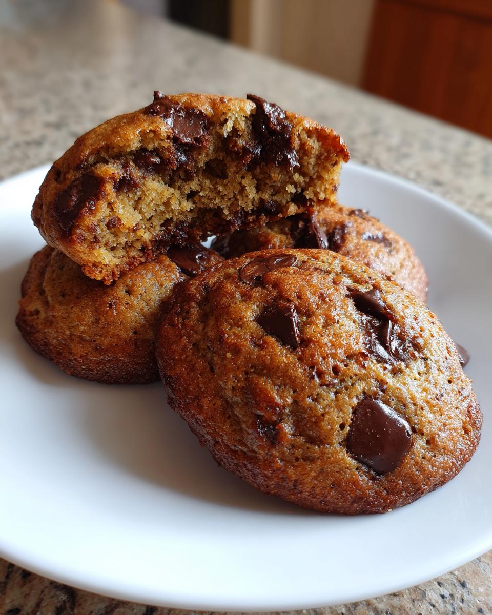 A stack of moist banana bread chocolate chip cookies on a white plate, one broken open showing the soft interior.