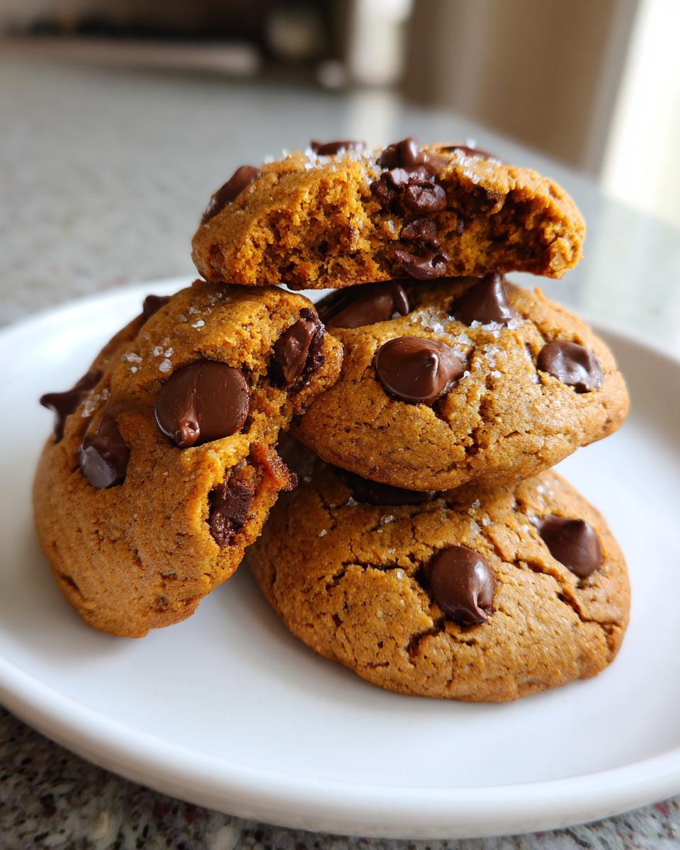 A stack of four soft banana bread chocolate chip cookies sprinkled with sea salt, one cookie is broken open.