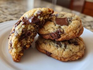 A stack of three banana bread chocolate chip cookies, one broken open to show melted chocolate center.