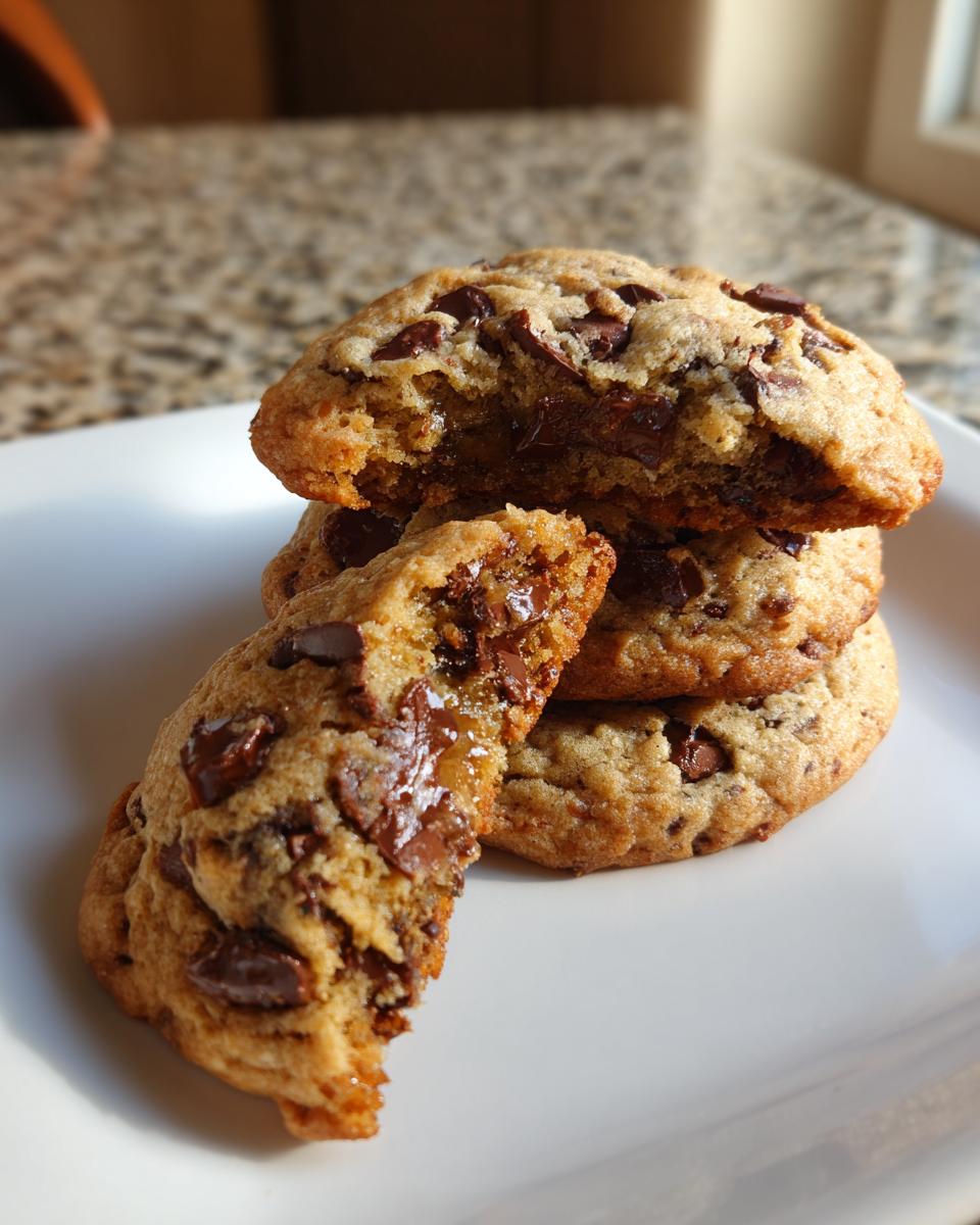 A stack of soft banana bread chocolate chip cookies with one broken open showing gooey melted chocolate chips.