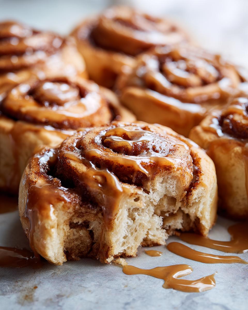 A close-up of soft banana bread cinnamon rolls drizzled with caramel sauce, one roll has a bite taken out.