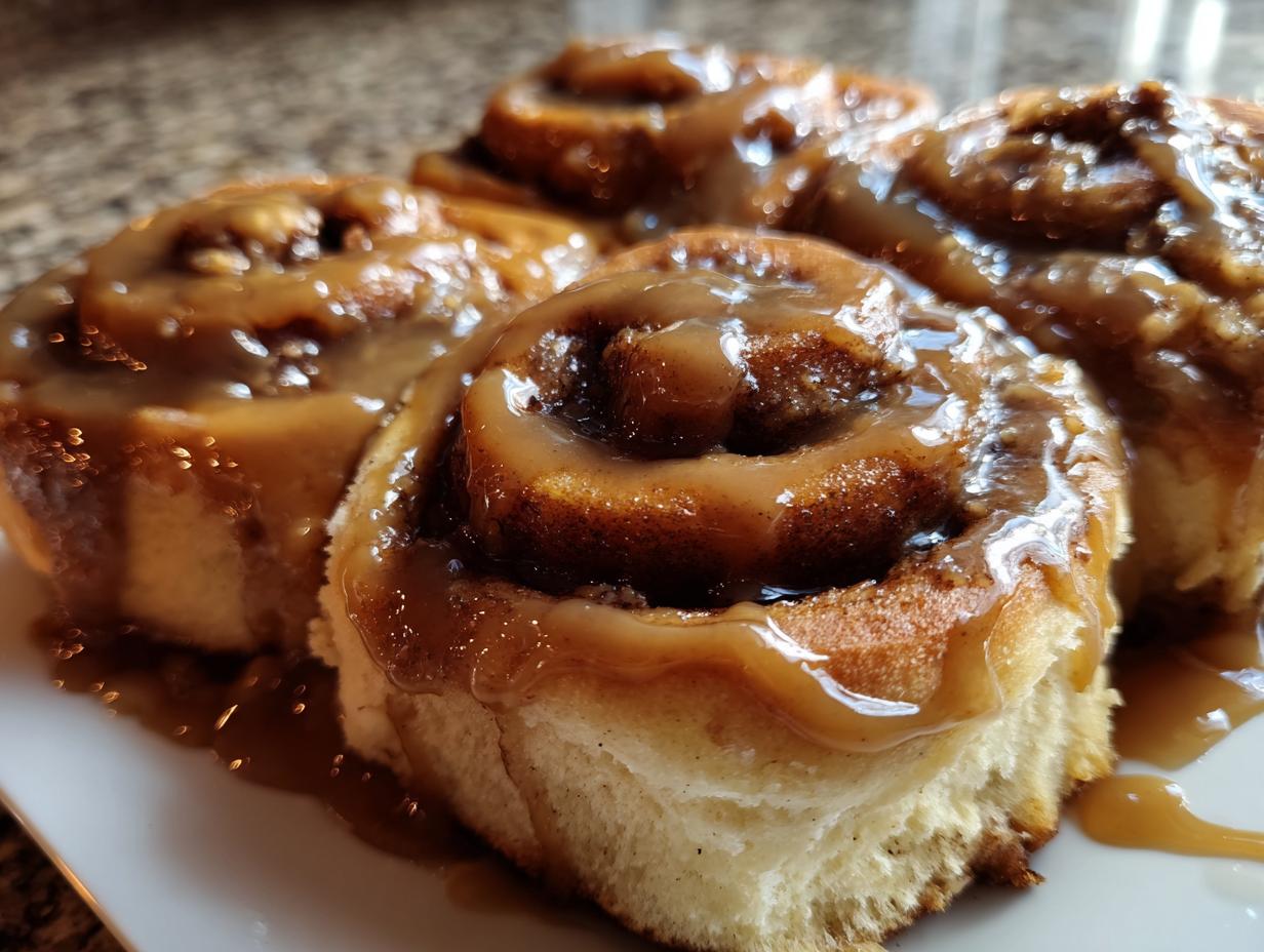 Close-up of gooey banana bread cinnamon rolls generously topped with a rich caramel glaze.