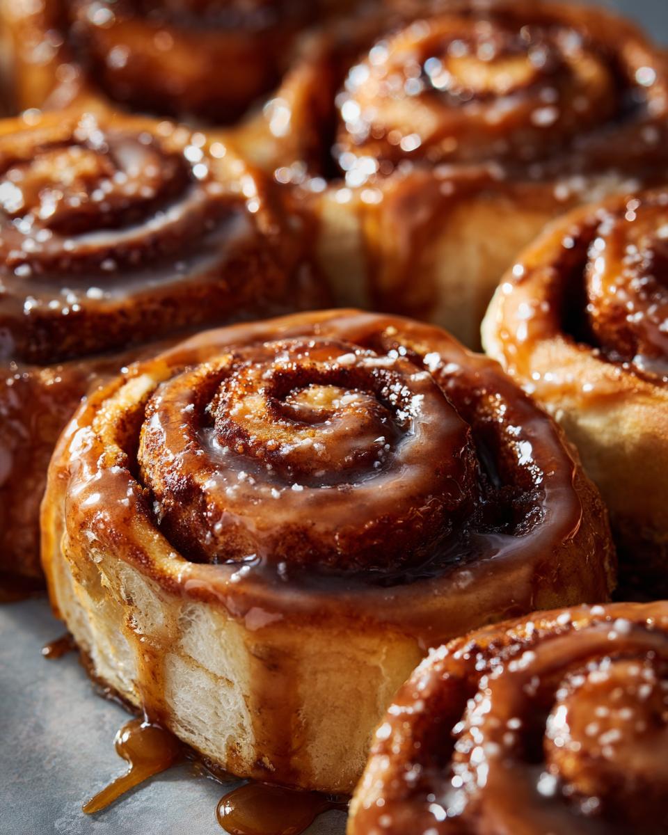 Close-up of freshly baked banana bread cinnamon rolls covered in a thick, glossy caramel glaze and sprinkled with sugar.