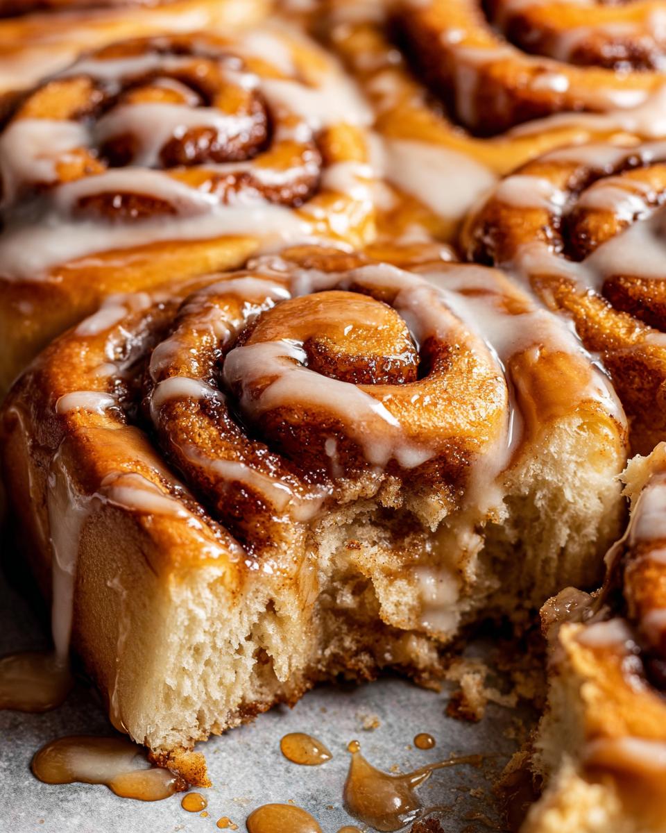 A close-up of gooey banana bread cinnamon rolls topped with white icing, one roll has a bite taken out.