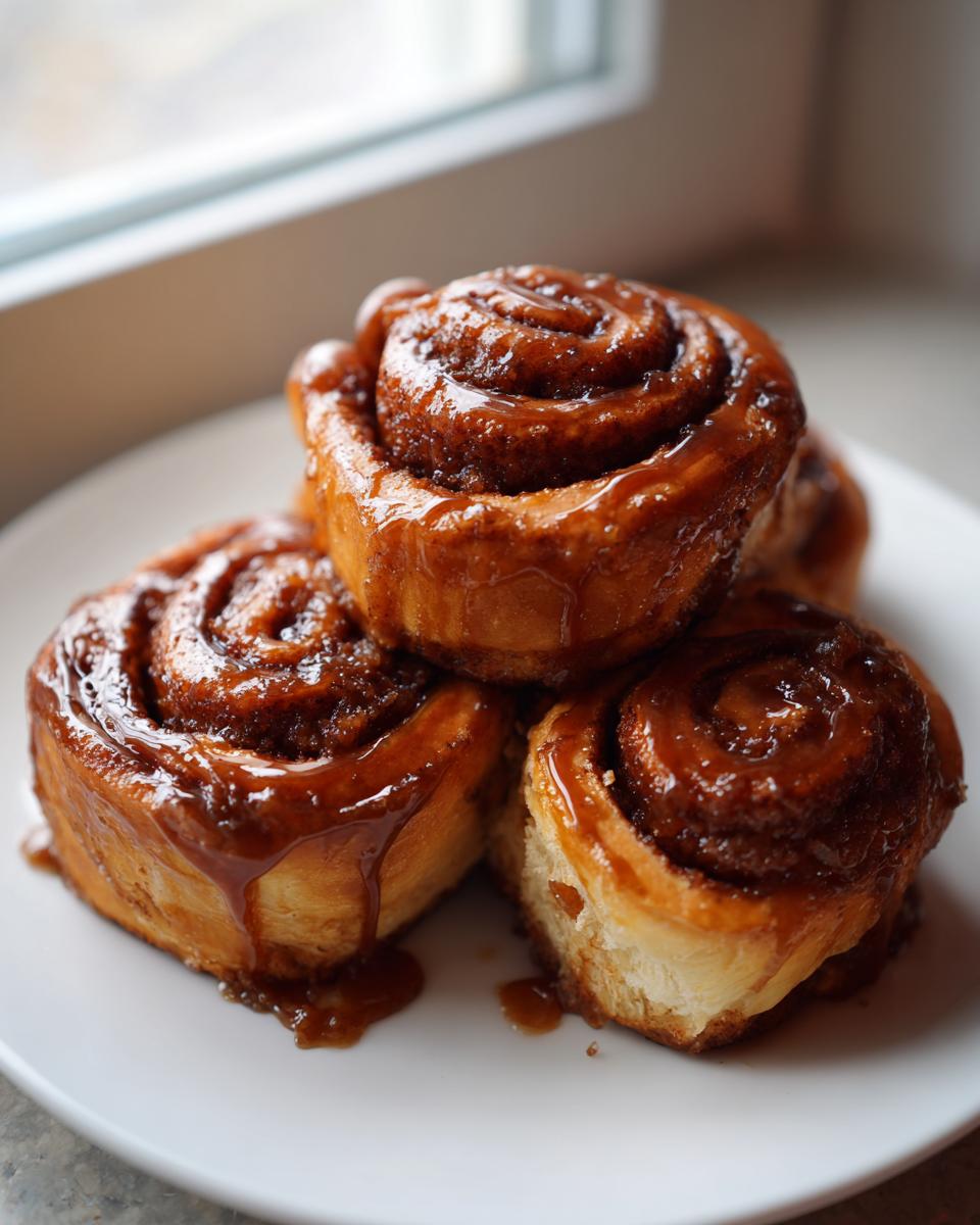 A stack of gooey, glazed banana cinnamon rolls twist piled on a white plate near a window.