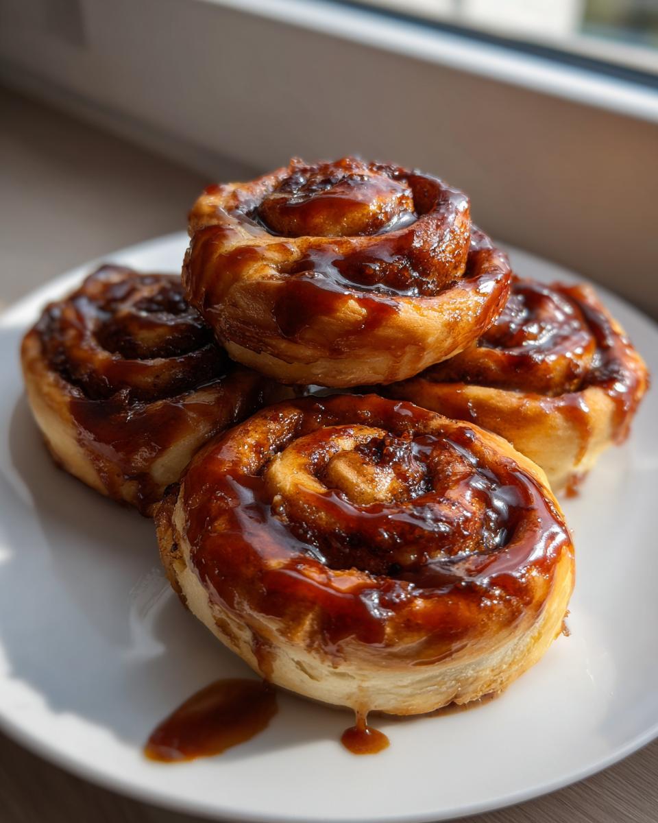 Four sticky, glazed banana cinnamon rolls twist stacked on a white plate near a window.