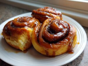 Three sticky banana cinnamon rolls twist covered in rich caramel glaze sitting on a white plate.