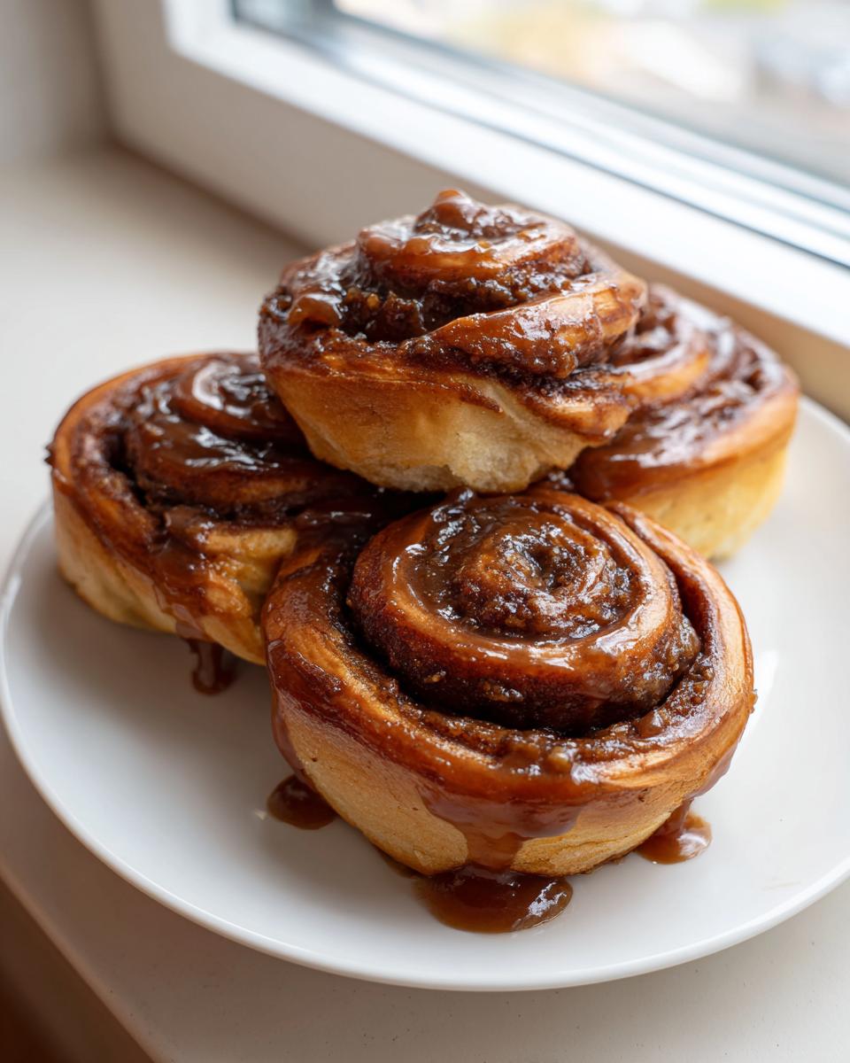 Four gooey banana cinnamon rolls twist stacked on a white plate, dripping with caramel glaze near a window.