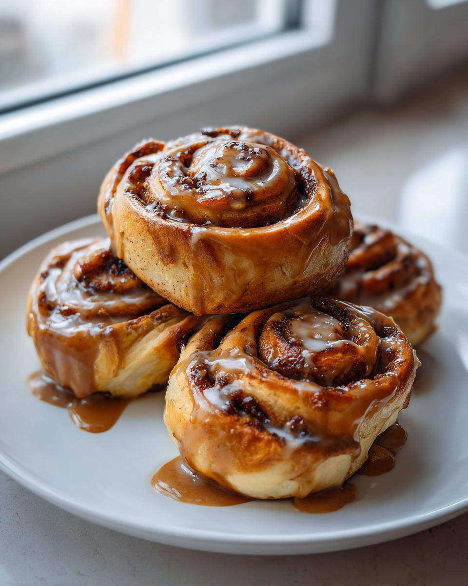 A stack of four gooey banana cinnamon rolls twist generously drizzled with caramel icing on a white plate.