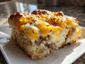 A close-up slice of baked biscuits and gravy casserole topped with melted cheddar cheese and herbs.
