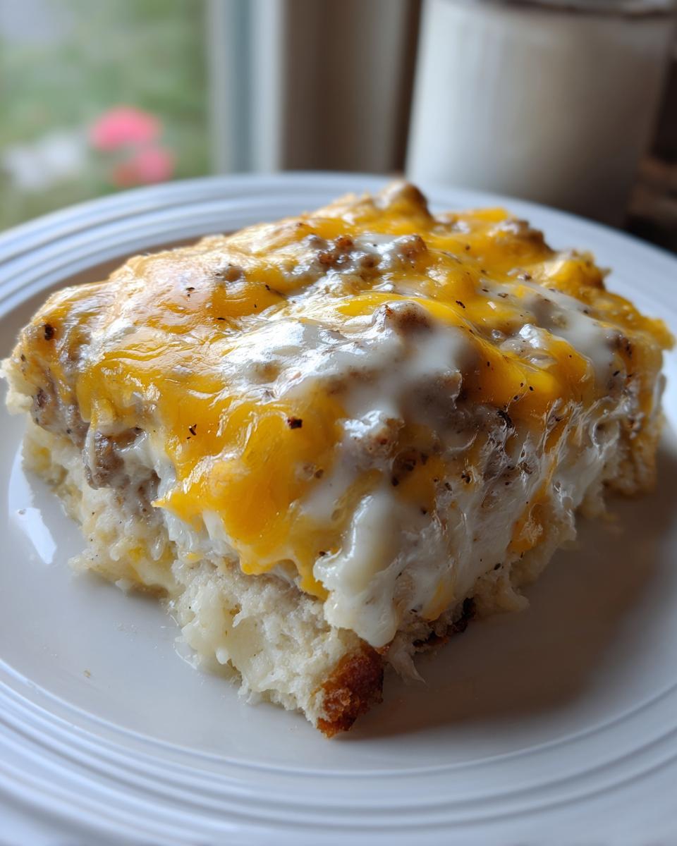 A close-up serving of biscuits and gravy casserole topped with melted cheddar cheese and sausage gravy.