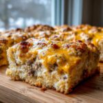 A close-up slice of cheesy biscuits and gravy casserole showing sausage gravy baked into the biscuit base.