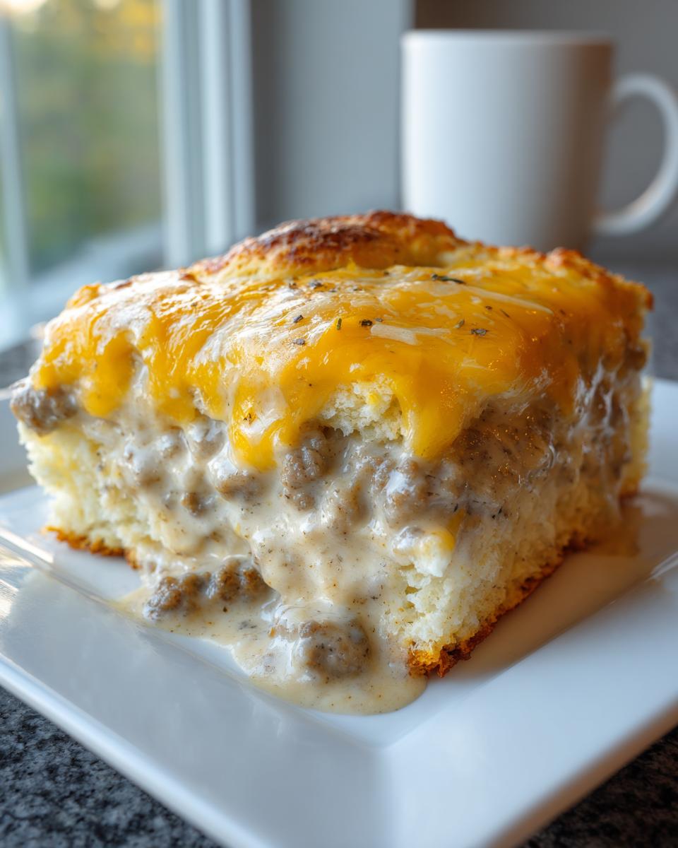 A square serving of biscuits and gravy casserole topped with melted cheddar cheese and sausage gravy.