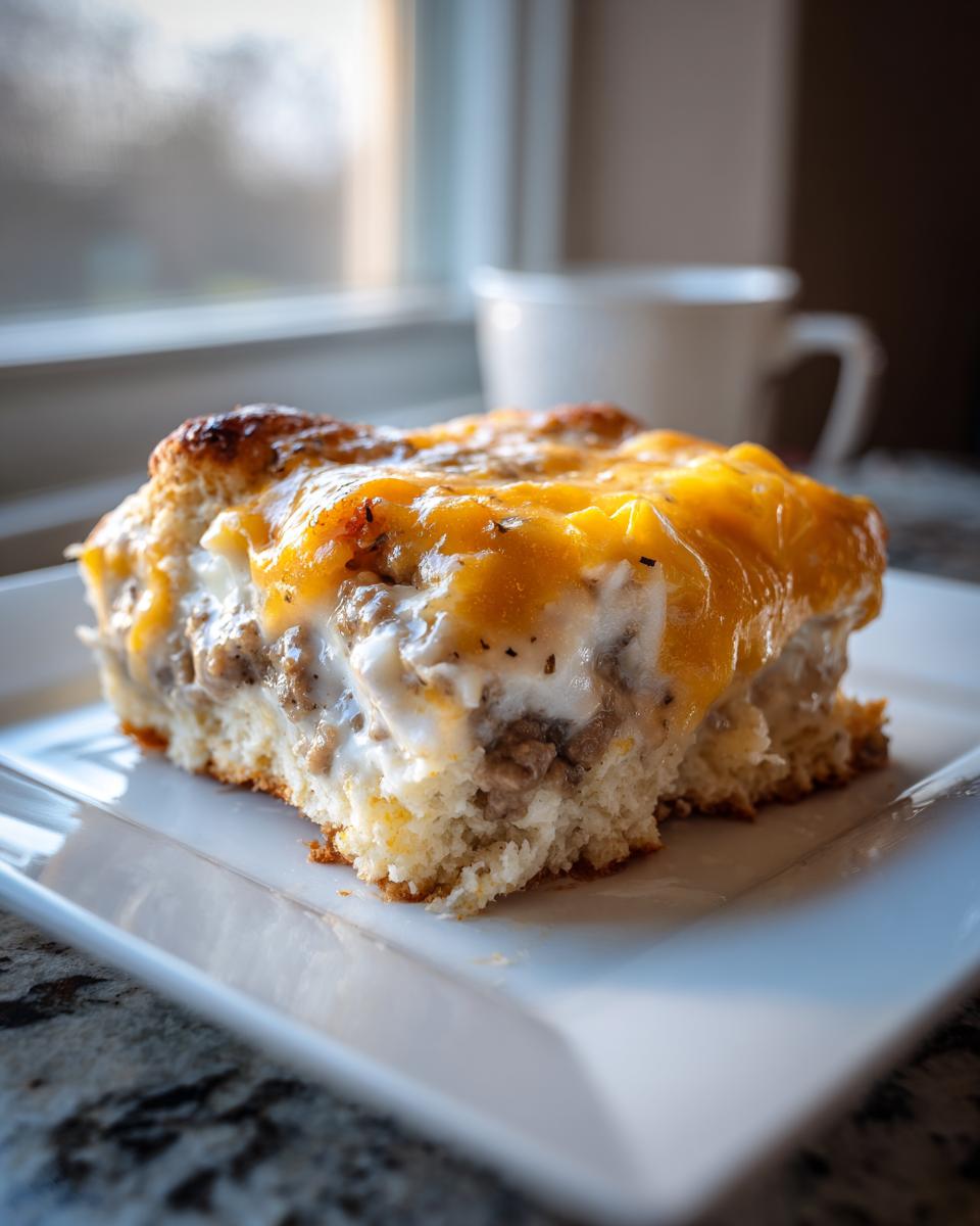 A close-up of a square serving of biscuits and gravy casserole topped with melted cheddar cheese.