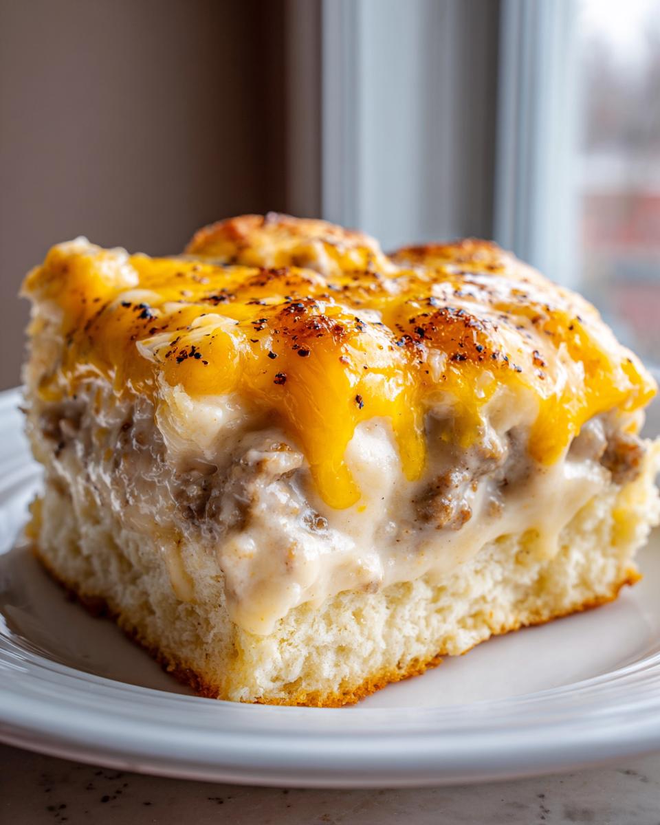 A close-up of a square serving of biscuits and gravy casserole topped with melted cheddar cheese and black pepper.