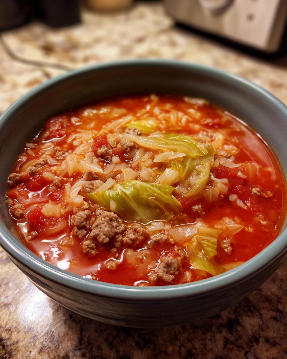 A close-up of a bowl filled with rich, red Golumpki Soup containing ground meat, rice, and chunks of green cabbage.