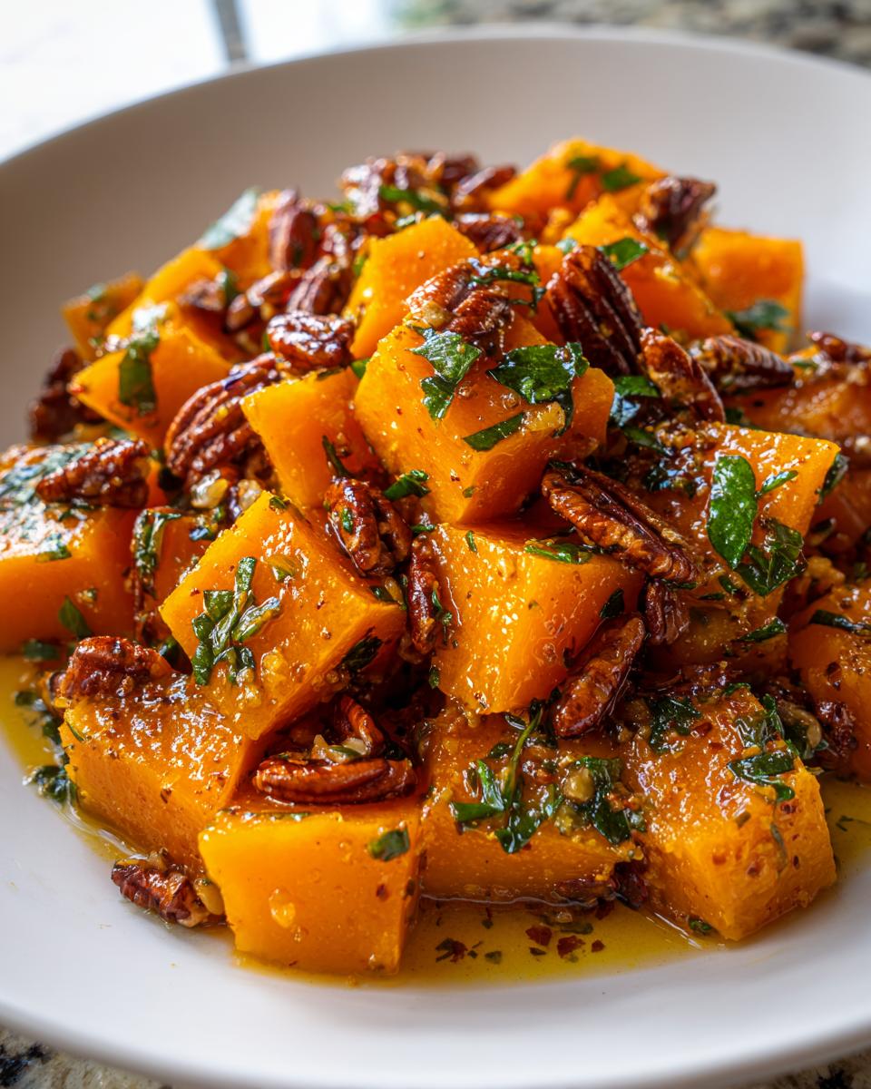 Close-up of tender, cubed braised butternut squash coated in a savory glaze and topped with toasted pecans and fresh herbs.