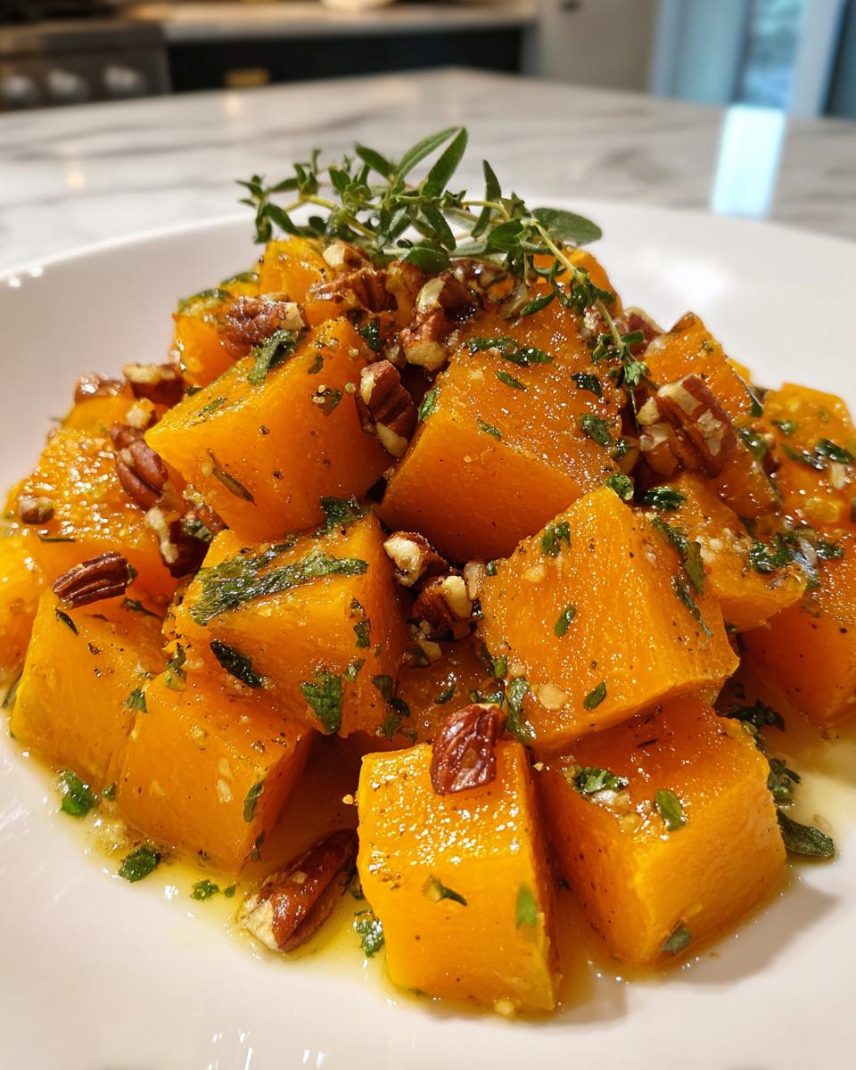 Close-up of bright orange, cubed braised butternut squash topped with chopped pecans and fresh thyme.