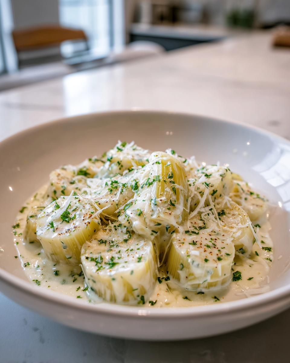 Close-up of tender braised leeks cut into rounds, served in a rich cream sauce and topped with grated cheese and parsley.
