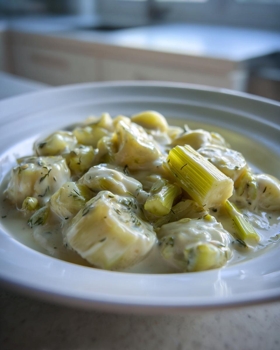 Close-up of tender braised leeks served in a rich, creamy white sauce speckled with dill.