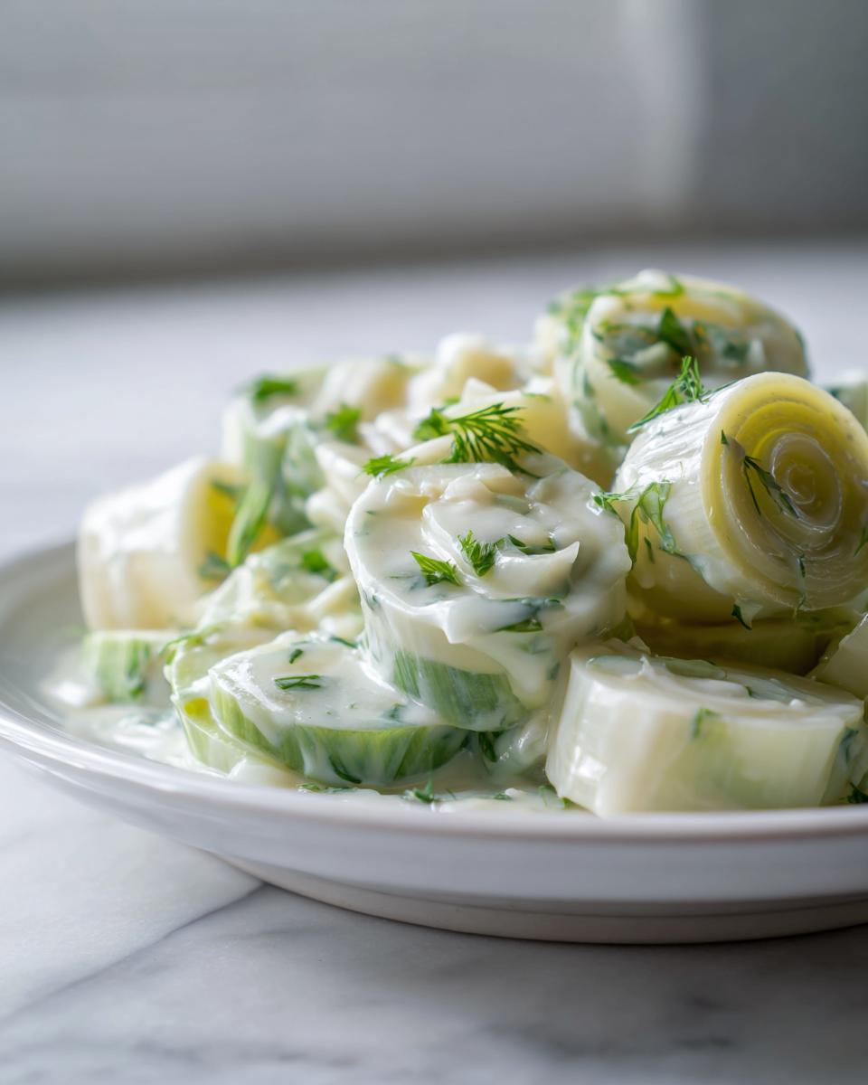 Close-up of tender, sliced braised leeks coated in a creamy white sauce and garnished with fresh herbs.