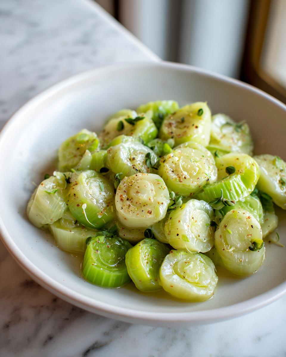 Close-up of tender, sliced braised leeks seasoned with pepper and thyme, served in a white bowl.