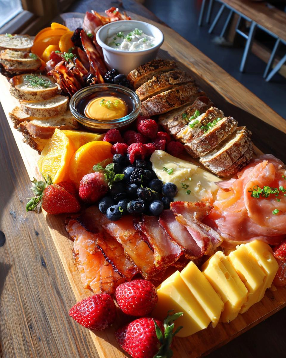 A stunning, abundant Breakfast Grazing Board featuring smoked salmon, bacon, sliced bread, cheese, berries, and dipping sauces.