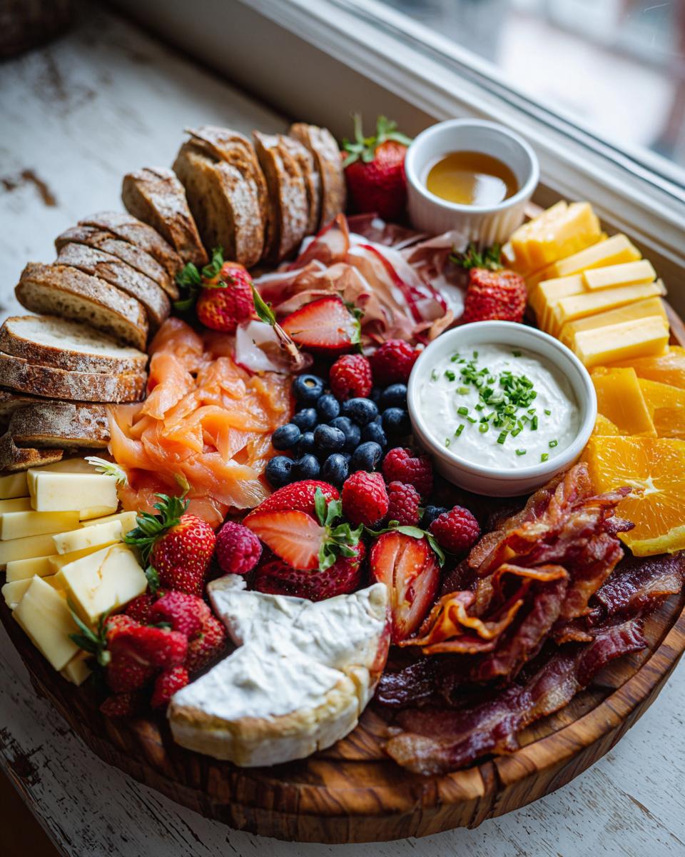 Overhead view of a fully assembled Breakfast Grazing Board featuring smoked salmon, bacon, cheeses, berries, and bread.