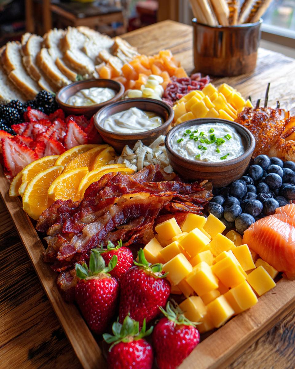 A vibrant and abundant Breakfast Grazing Board featuring bacon, fruit, cheese cubes, dips, and sliced bread.