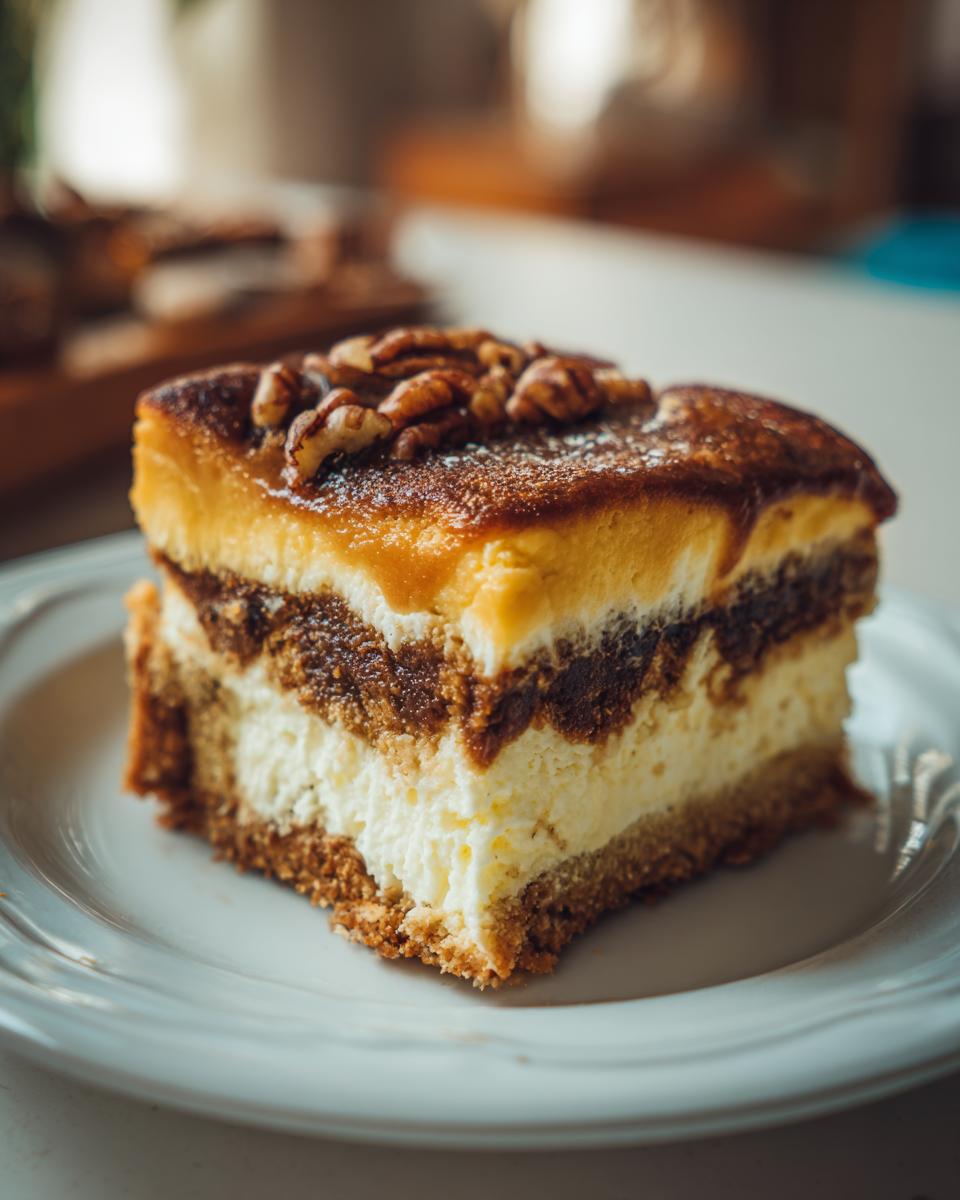 A decadent slice of butterscotch lush dessert featuring layers of crust, cream cheese, and butterscotch topping garnished with pecans.