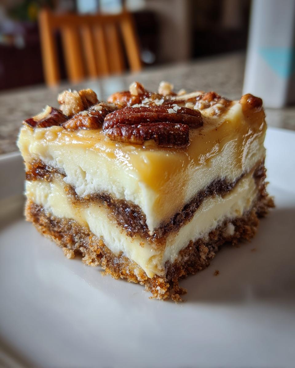 A close-up of a layered slice of butterscotch lush topped with pecans and caramel sauce.