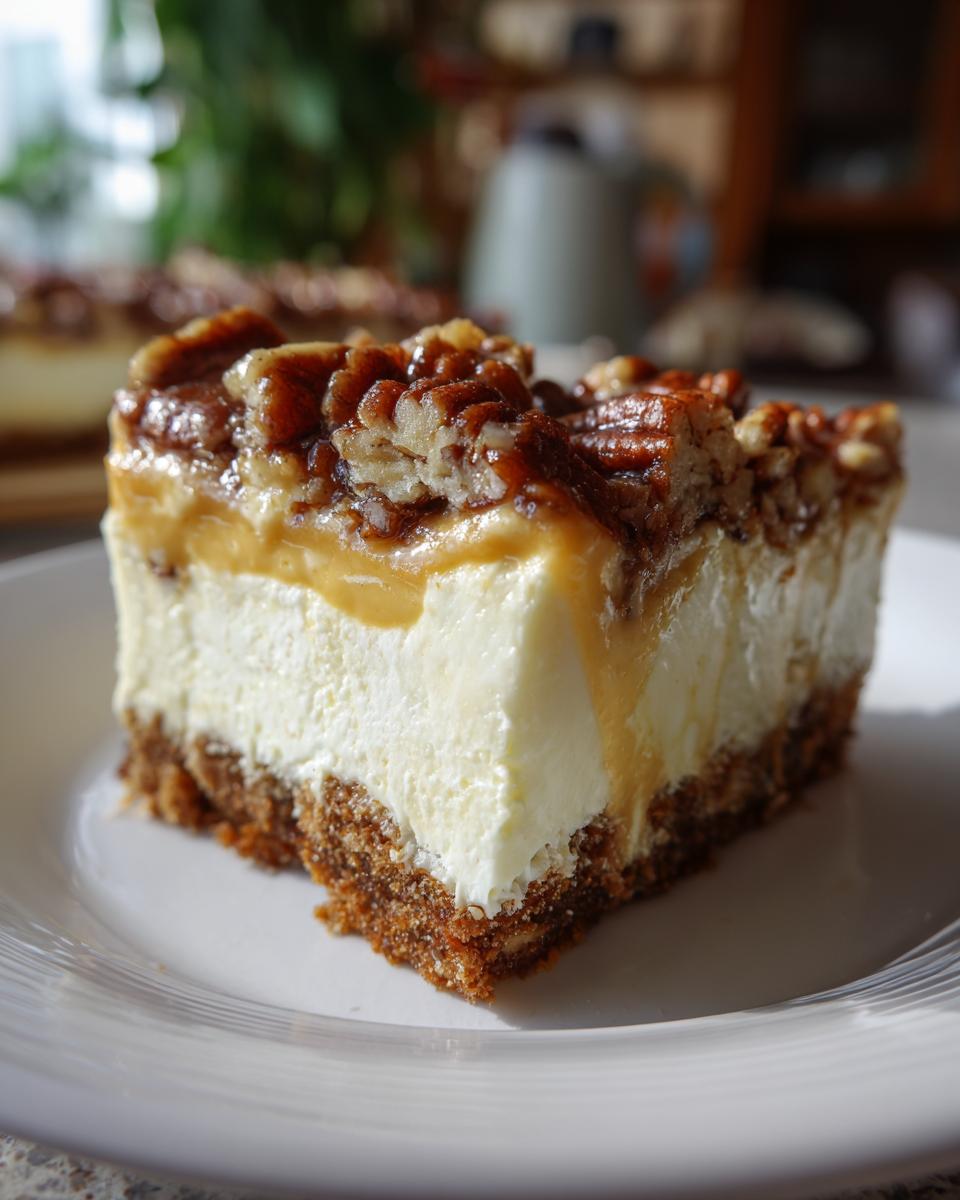 A close-up of a rich slice of butterscotch lush featuring a thick cream layer and a pecan butterscotch topping.