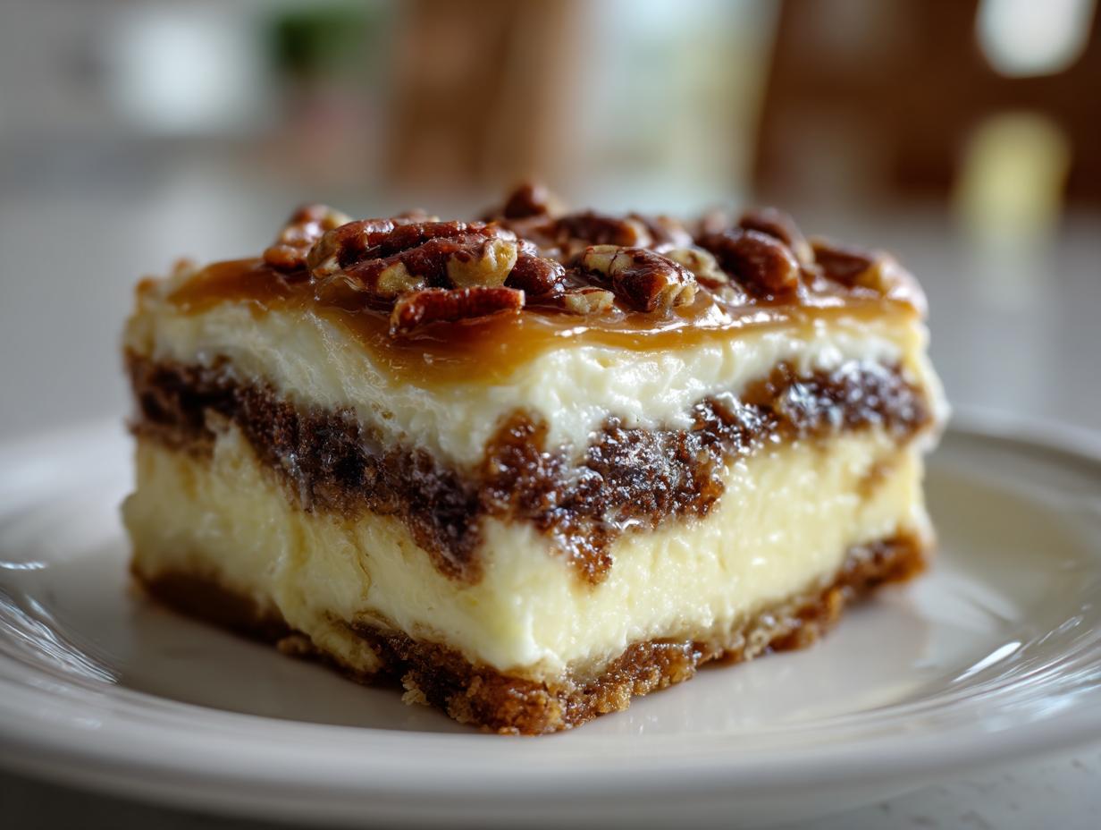 A close-up of a layered slice of butterscotch lush dessert topped with pecans and caramel sauce.
