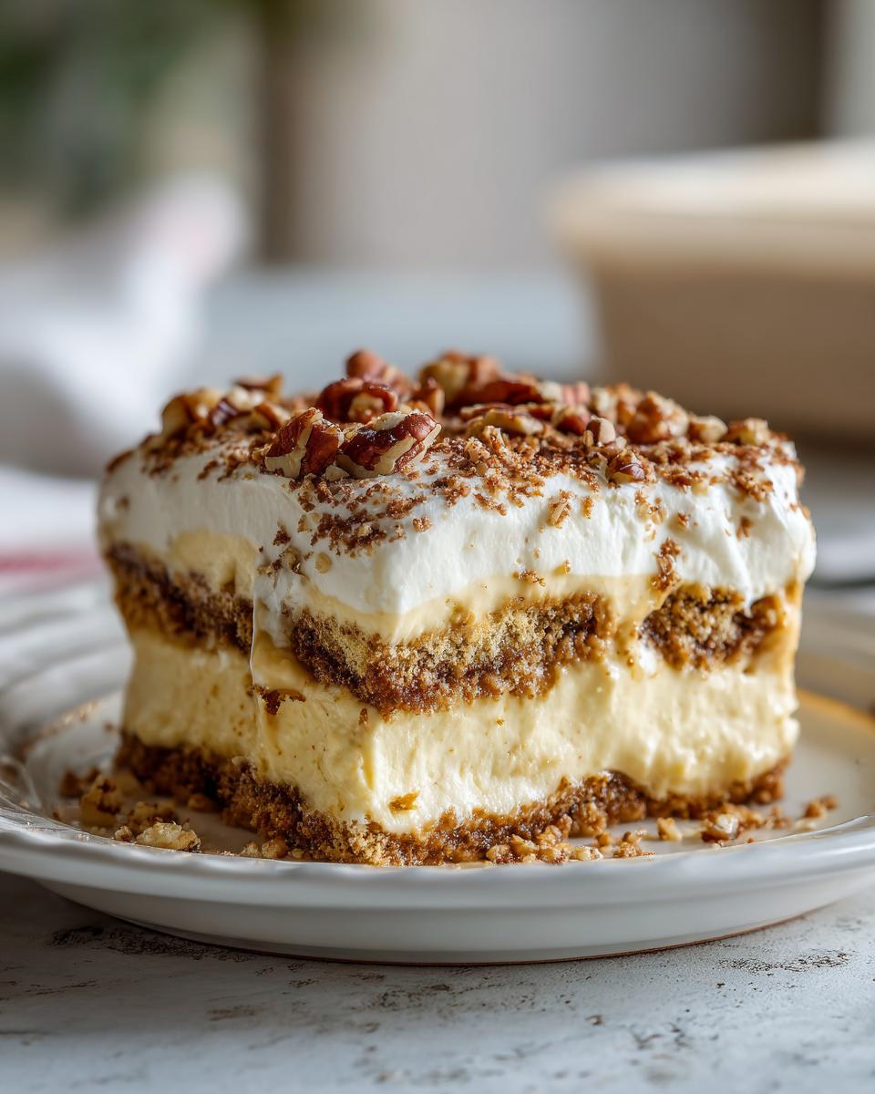 A decadent slice of butterscotch lush dessert showing layers of creamy filling, crust, and whipped topping sprinkled with pecans.