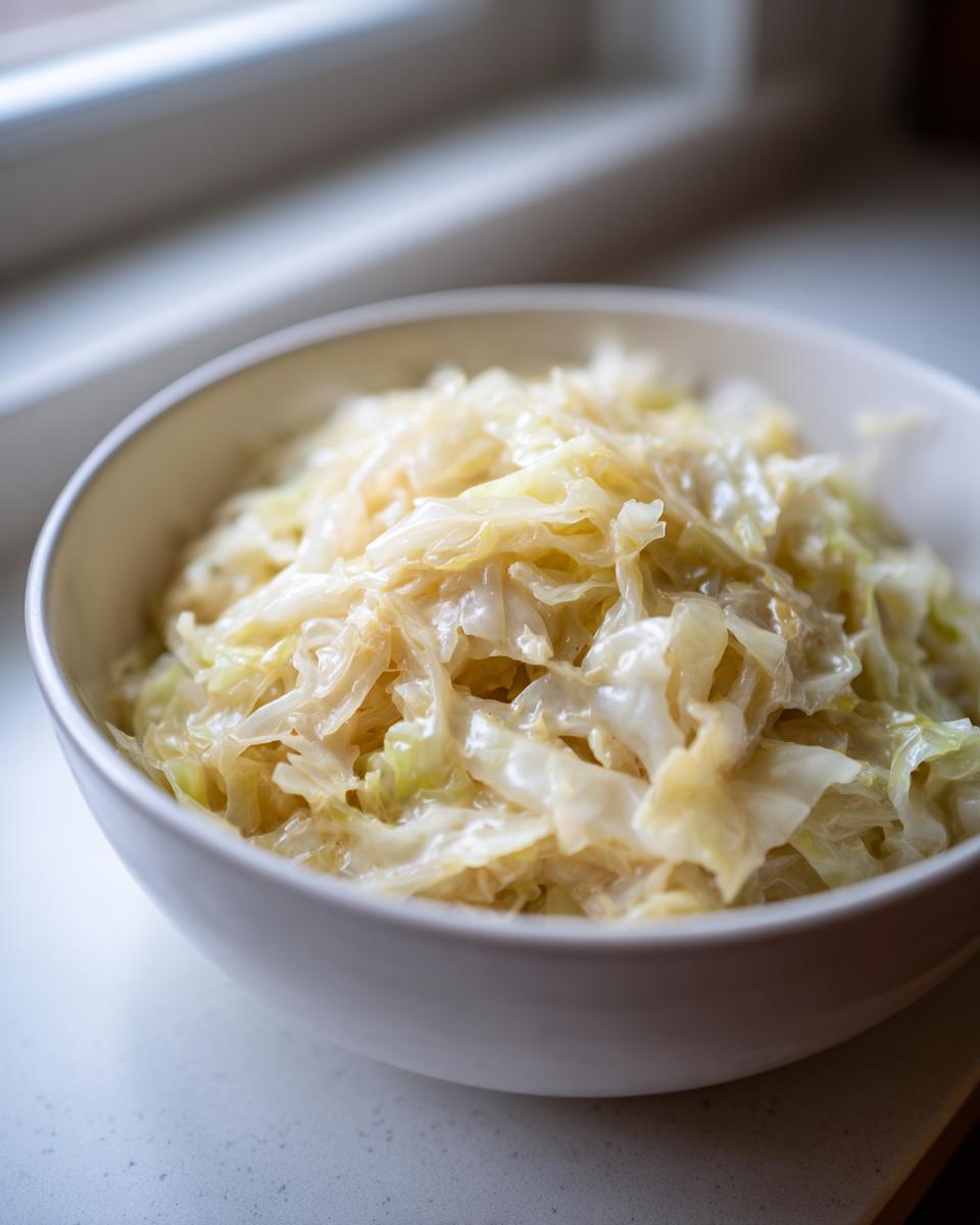 A close-up of shredded cabbage coated in a creamy sauce, served in a white bowl, representing Cabbage Alfredo.