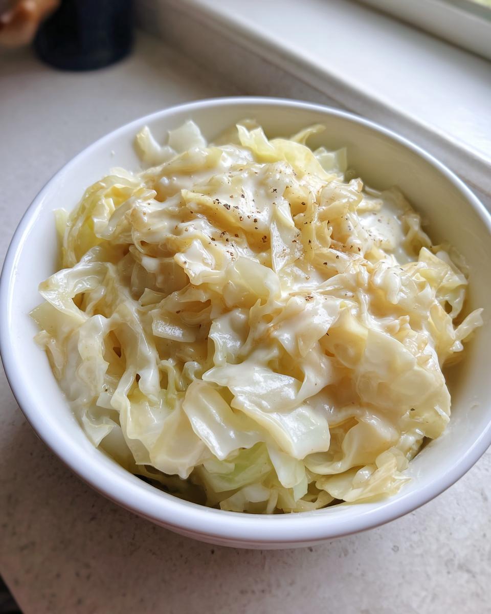 Close-up of a white bowl filled with tender cabbage tossed in a creamy sauce, resembling Cabbage Alfredo, topped with pepper.