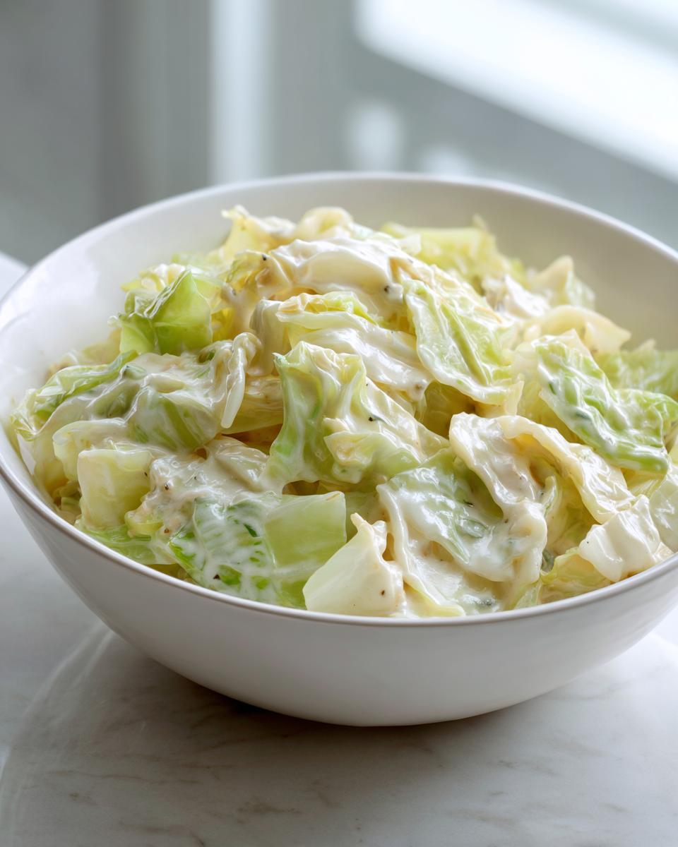 Close-up of a white bowl filled with cooked cabbage mixed in a creamy sauce, representing Cabbage Alfredo.