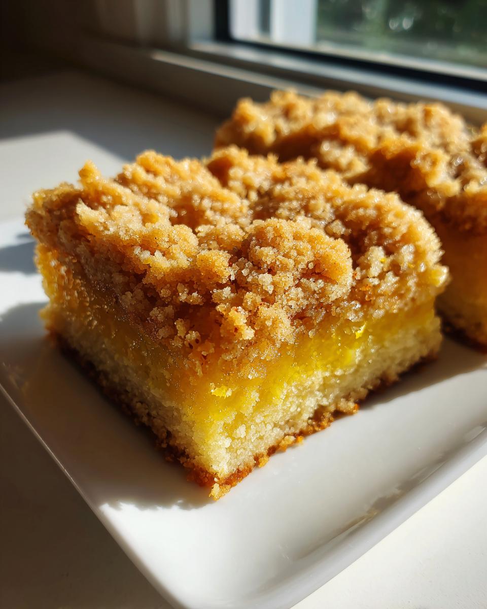 Close-up of a square Cake Picnic bar with a thick, golden crumb topping and a bright yellow filling layer.