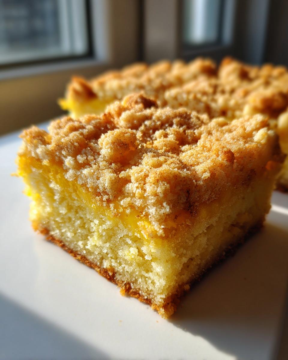 A close-up of a moist square slice of Cake Picnic bar featuring a yellow cake base and a thick, golden brown crumb topping.